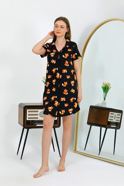 Akbeniz Women's Cotton Combed Cotton Short Sleeve Buttoned Black Tunic Nightgown 13111