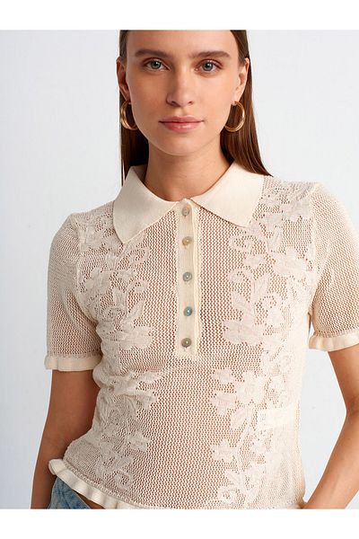 Dilvin 10529 Polo Neck Openwork Buttoned Knitwear Blouse