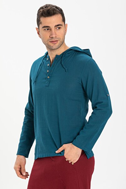 Eliş Şile Bezi Ανδρικό φούτερ με κουκούλα Şile υφασμάτινη διπλή τσέπη Petrol Ptrl