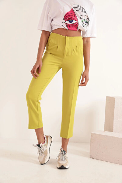 Genel Markalar Atlas Kumaş Pileli Kadın Pantolon YAĞ YEŞİLİ