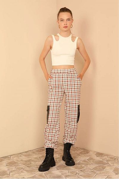 Lukas Tan Colored Long Striped Tweed Women's Cargo Pants