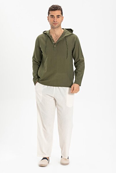 Eliş Şile Bezi Ανδρικό φούτερ με κουκούλα Şile υφασμάτινη διπλή τσέπη Khaki Hk