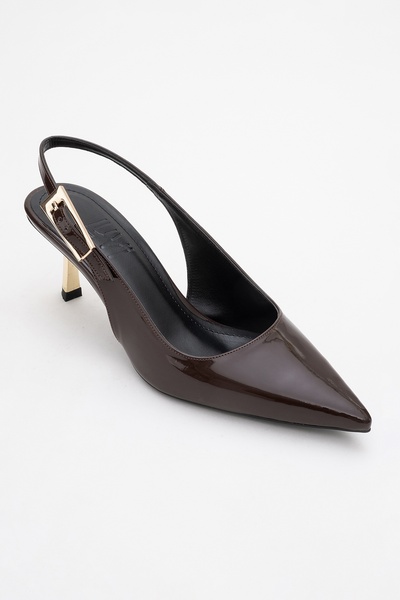 LuviShoes ARTY Kahverengi Rugan Sivri Burun Arkası Açık Kadın İnce Topuklu Ayakkabı