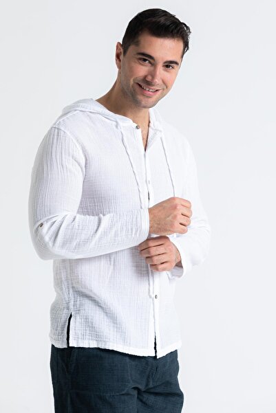 Eliş Şile Bezi Ανδρικό καλοκαιρινό μουσελίνα μακρυμάνικο φούτερ με κουκούλα Λευκό Byz