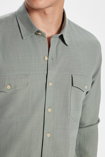 Tudors Men's Slim Fit Slim Fit 100% Cotton Linen Texture Double Pocket Sport Collar Light Khaki Shirt