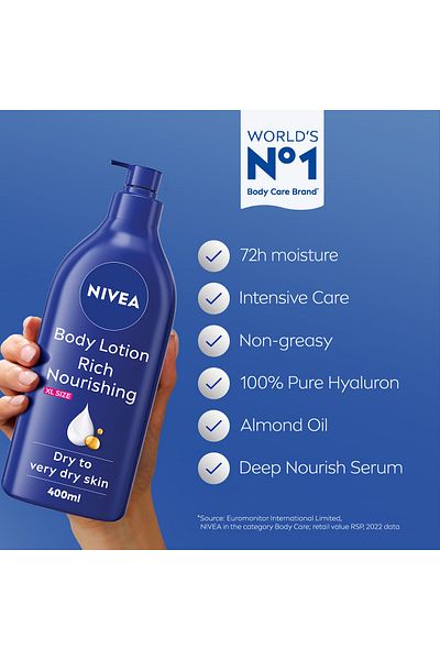 NIVEA Nourishing Body Lotion, Almond Oil & Vitamin E, Extra Dry Skin, 400ml, Pack of 2