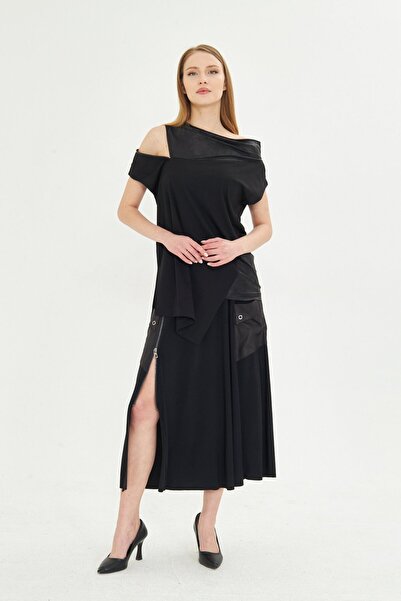 LAMANTE OMUZ DETAY DERİLİ SİYAH TASARIM BLUZ