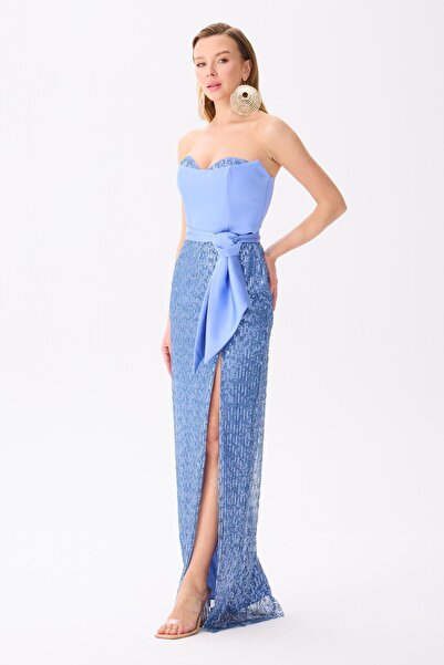 Carmen İndigo Straplez Yırtmaçlı Payetli Abiye Elbise