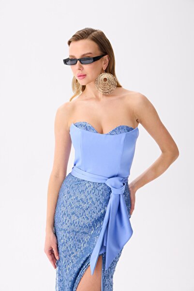 Carmen İndigo Straplez Yırtmaçlı Payetli Abiye Elbise