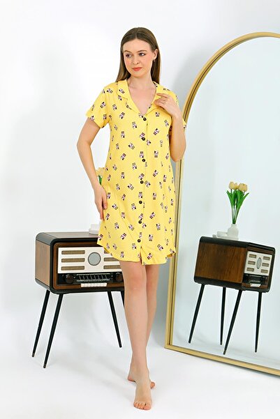 Akbeniz Kadın Pamuk Penye Kısa Kol Düğmeli Sarı Tunik Gecelik 13112