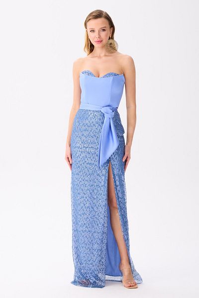 Carmen Indigo Strapless Slit Sequined Evening Dress