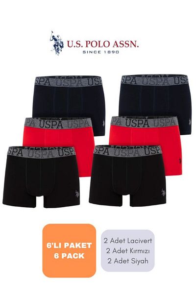 U.S. Polo Assn. Ανδρικό σετ μπόξερ 6-σετ - Αδειοδοτημένο USPA, Casual Μαύρο-Κόκκινο-Μπλε