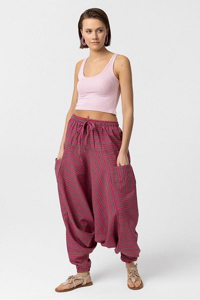 Deriderim Pantaloni largi cu model etnic roz închis cu buzunare