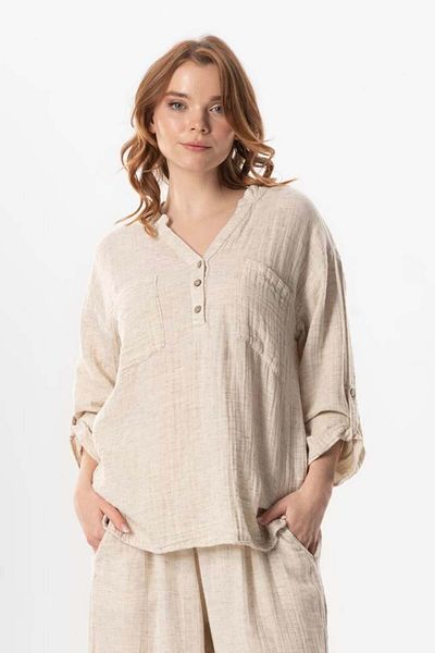 Eliş Şile Bezi Μακρυμάνικη Ezgi V-Neck Πτυσσόμενο μανίκι Muslin Summer Blouse Cream Cream