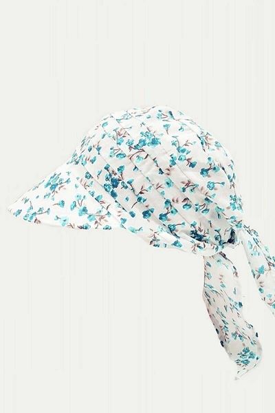 Külah Women's Tie-Up Scarf Brim Daisy Patterned Beach Hat - Ecru