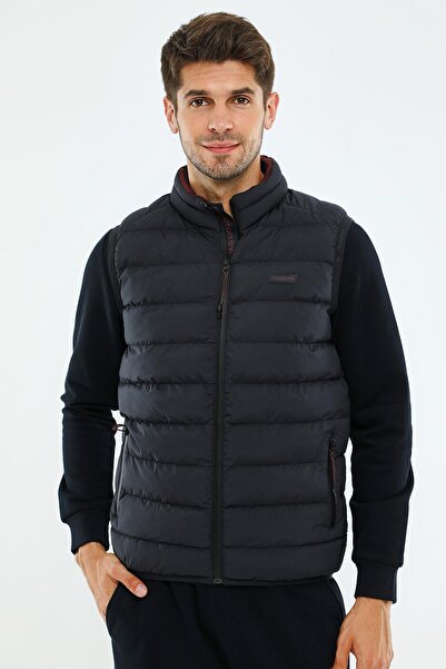 MARATON سترة رجالية عادية ياقة مرتفعة متوسطة الطول باللون الأزرق الداكن