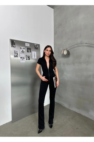 Büşra Ayhan Fermuarlı Ve Cep Detaylı Siyah Renk Kot Tulum (98%COTTON - 2%ELMAS)