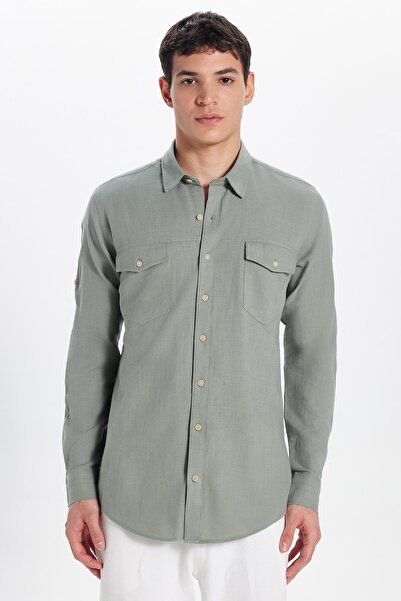 Tudors Men's Slim Fit Slim Fit 100% Cotton Linen Texture Double Pocket Sport Collar Light Khaki Shirt