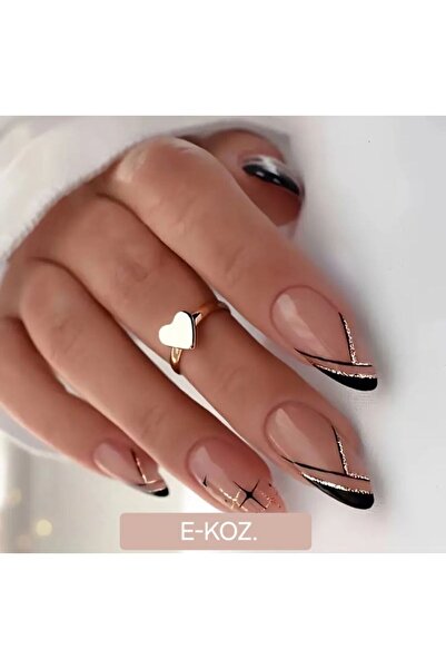 Butik Siyah Çizgi Desenli Gümüş Sim Detaylı 24'lü Badem Takma Tırnak Seti
