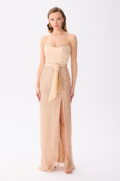 Carmen Gold Strapless Slit Sequined Evening Dress