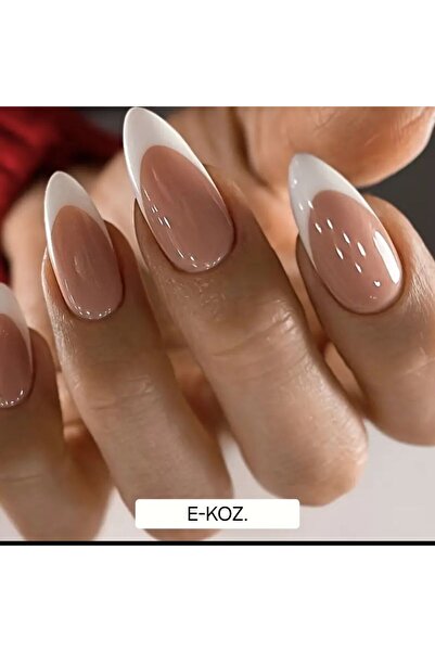 Butik Uzun Nude Beyaz French Detaylı 24'lü Badem Takma Tırnak Seti