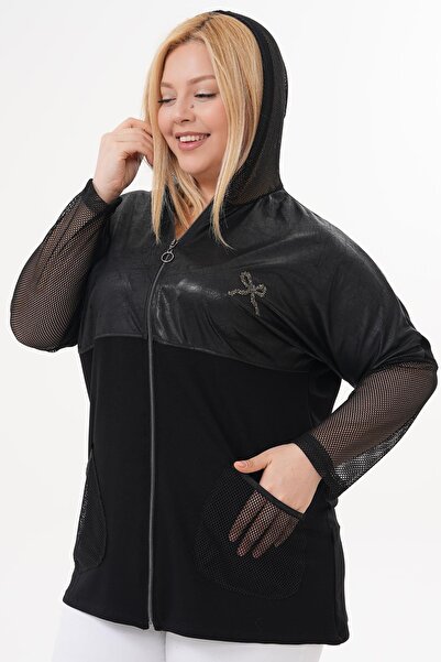 Siyezen Plus Size Mesh Detailed Ribbon Stone Cardigan