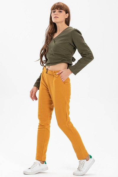 Eliş Şile Bezi Belted Flannel Autumn and Winter Trousers Mustard Hrd