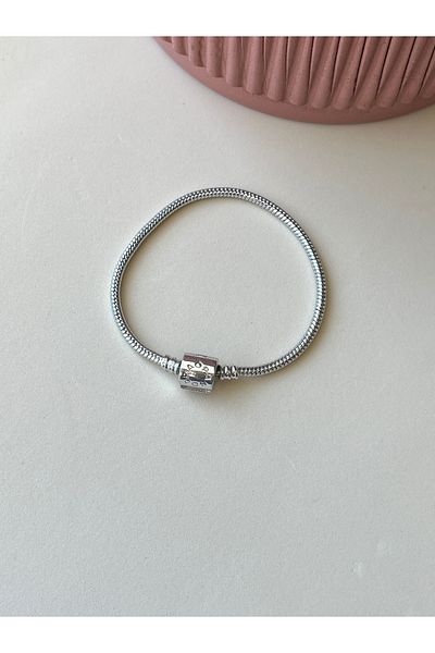 BURÇİN AKSESUAR Cylinder Brand Written Silver Color Cord Steel Bracelet 17.5 cm