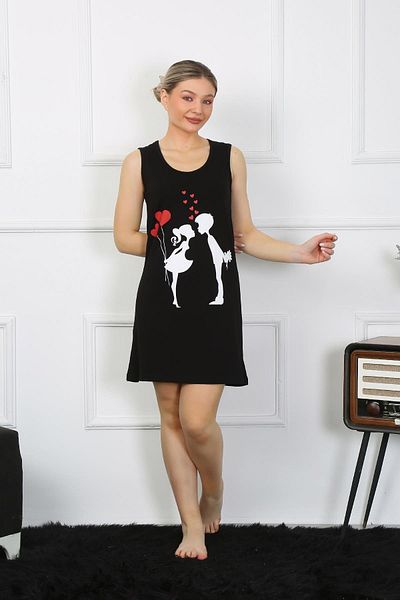 Akbeniz Above Knee Black Combed Cotton Nightgown - Thick Strap 11310