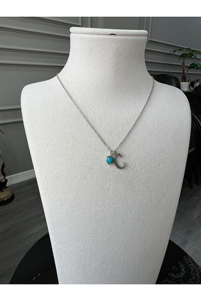 Store C Letter Necklace - Natural Stone Chain with Turquoise Heart Charm
