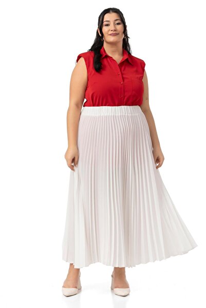 DISENTIS MODEST Large Size Pleated Long White Skirt with Elastic Waist