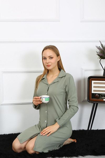 Akbeniz Khaki Colored Women's Tunic Nightgown - Long Sleeve, Buttoned - 13103