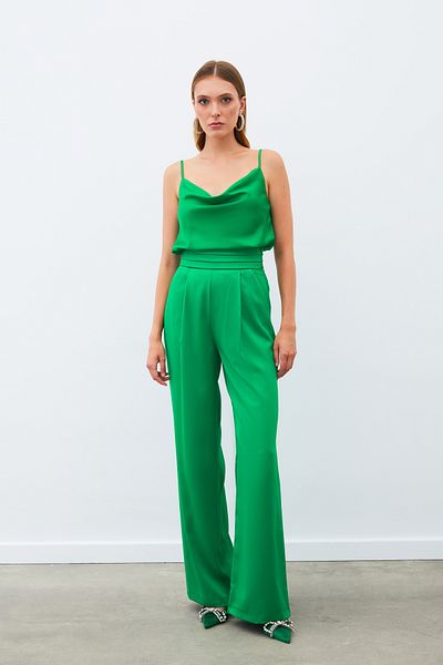 Sateen Loose Satin Trousers with Pockets - Green