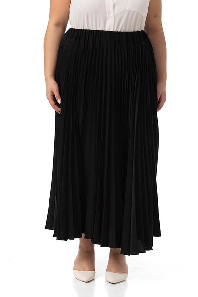 DISENTIS MODEST Large Size Elastic Waist Pleated Long Black Skirt