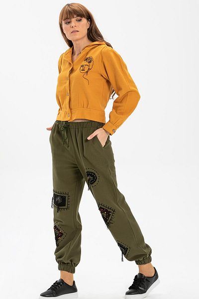 Eliş Şile Bezi Patched Flannel Autumn and Winter Trousers Khaki Hk