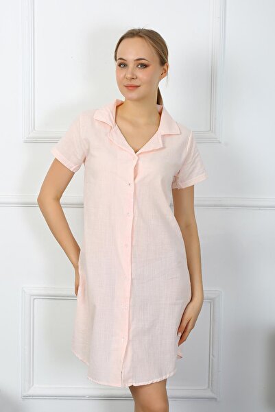 Akbeniz Women's Cotton Linen Short Sleeve Buttoned Powder Tunic Nightgown 13108