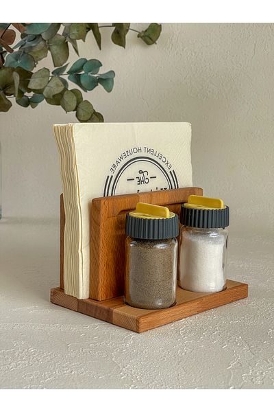 NOBLERAVEN DESIGN Glass Salt and Pepper Shakers Set with Wooden Napkin Holder Stand – Handmade Beech Wood Spice Rack