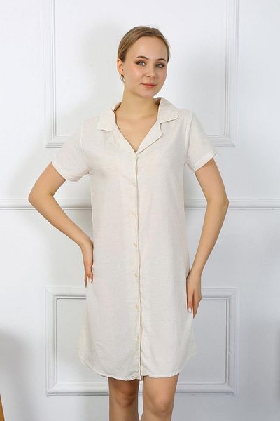 Akbeniz Women's Cotton Linen Short Sleeve Buttoned Cream Tunic Nightgown 13108