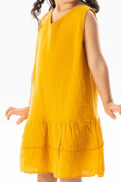 Eliş Şile Bezi Sleeveless Aybike Summer Muslin Kids Dress Mustard Hrd