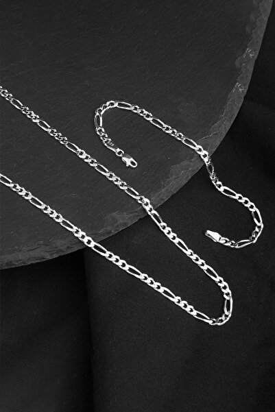 Else Silver 925 Ayar Figaro Zincir Gümüş Erkek Kolye ve Bileklik Kombin