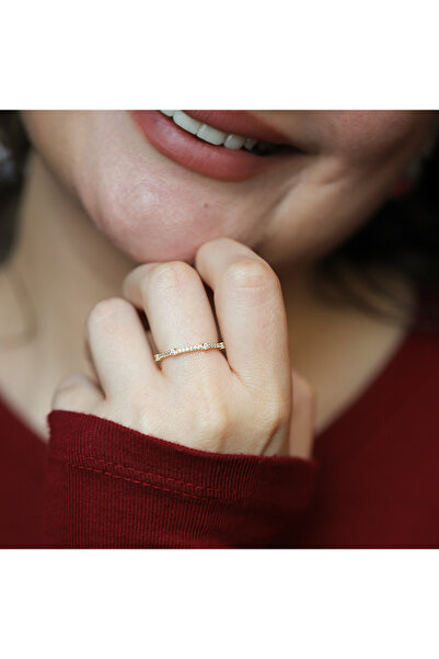 Diamond Line-Gülaylar 8 Ayar Sarı Altın Taşlı Minimal Alyans Yüzük