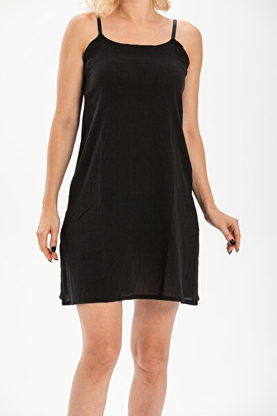 Eliş Şile Bezi Cotton Petticoat Chiffon Short Dress Inner Lining Adjustable String Strap Underskirt Black Syh