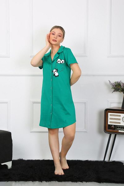 Akbeniz Green Women's Tunic Nightgown - Cotton Combed, Short Sleeve, Buttoned 13109