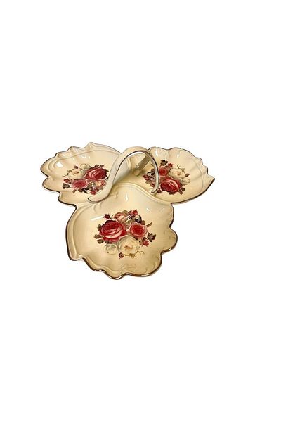 ROY KING Porcelain 3-Piece Snack Bowl Sauce Bowl Serving Plate with Handle Cream Gold Rose Pattern Rose 28 X 9 cm