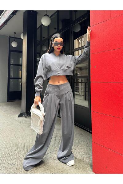 minaaise Anthracite Pleated Oversize Polyviscon Trousers 28005