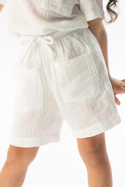 Eliş Şile Bezi Western Pocket Λεπτομερές καλοκαιρινό κοριτσίστικο σορτς από μουσελίνα Λευκό Byz