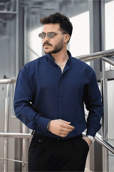 Valiberta Pera Fabric Linen Look Half Oversize Long Sleeve Men's Shirt - Navy Blue