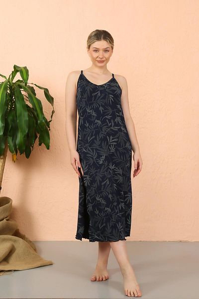 Akbeniz Women's Rope Strap Slit Long Navy Blue Nightgown 90121