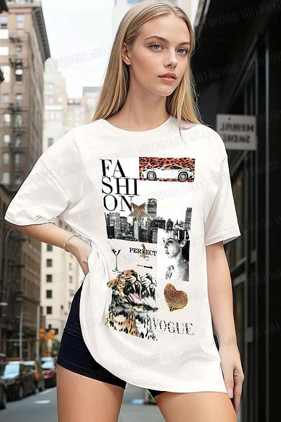 Millionaire Women's Ecru White Fashion Oversize Fit Loose Wide Fit Loose Cut T-Shirt