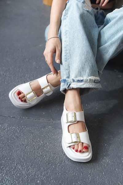 MODAADAM Sandale albe de damă - fără cataramă și talpă groasă